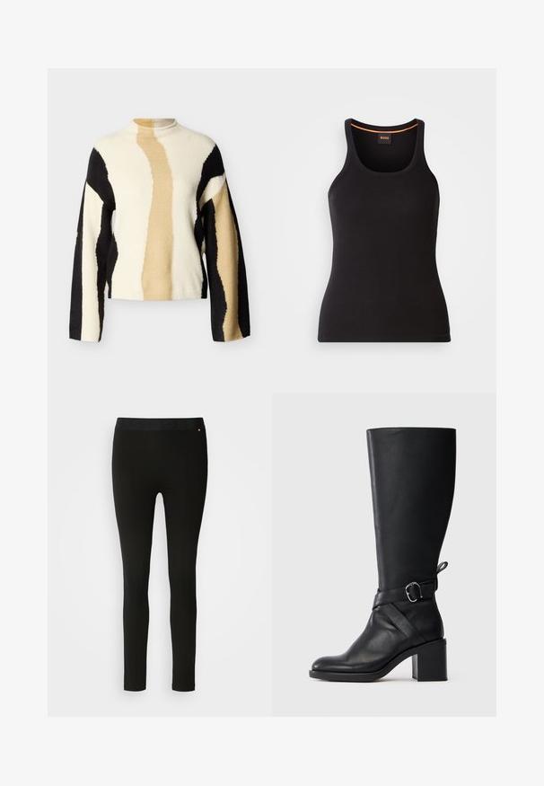 Suéter de punto con patrones abstractos de olas en negro, beige y crema. Cuello alto y mangas largas. Tejido suave y texturizado.; Camiseta de tirantes negra con textura acanalada y cuello redondo. Presenta un ajuste ceñido y un detalle en naranja en el cuello. Logotipo de la marca bordado sutilmente en el frente.; Leggings negros con una textura suave, que cuentan con una cinturilla flexible y sutiles detalles en las costuras. Sin patrones ni elementos de hardware presentes.; Bota de cuero negro hasta la pantorrilla con tacón cuadrado y tira decorativa que presenta un hebilla plateada sobre un fondo claro liso.
