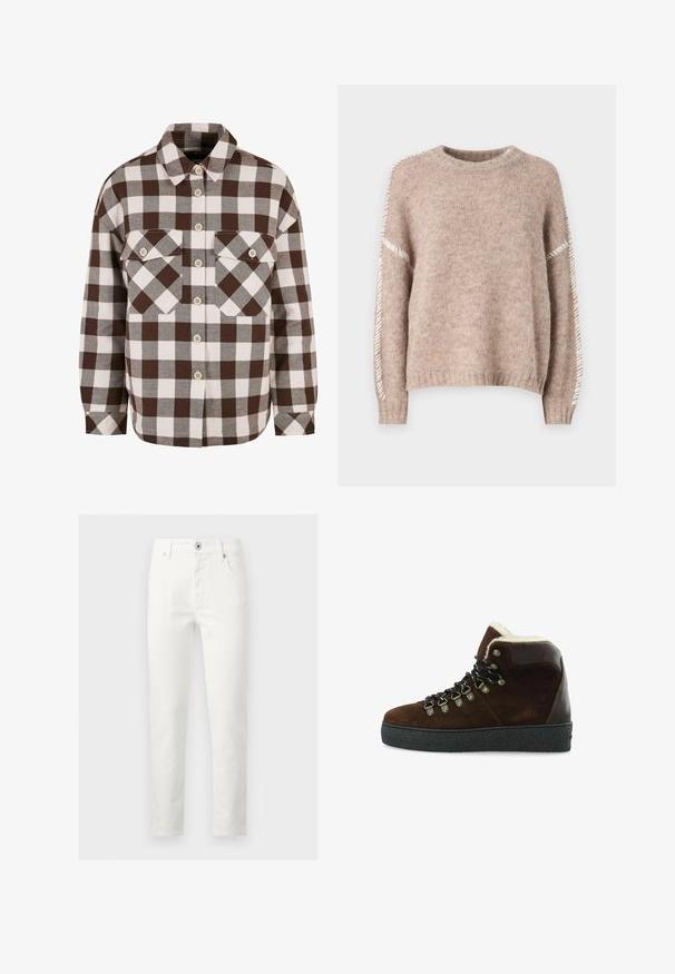 JDY Knitted JDYZOEY Knitted - Striktrøje - chateau gray; Brun og hvid plaid knap-op skjorte med to brystlommer, der har en klassisk krave og knap-ned foran. Blød stofstruktur.; Herre hvidt slim-fit jeans med knap- og lynlås lukning, for- og baglommer, vist mod en grå baggrund.; Brune ruskinds vandresko med en shearlingkrave, sorte snørebånd, metaløjer og en tekstureret sort sål. Klassisk rund design.
