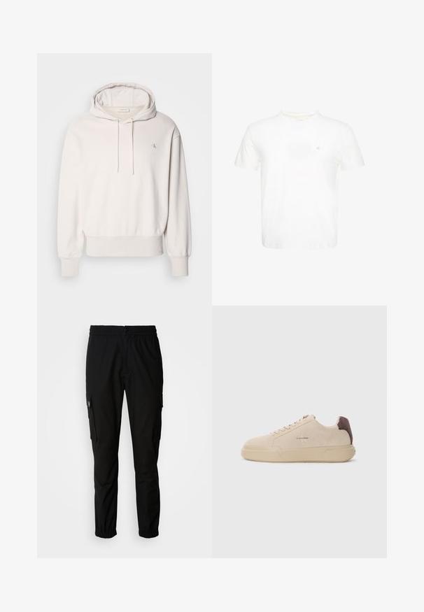 Sudadera de crema clara con cordón y bolsillo tipo canguro; cuenta con puños y dobladillo acanalados, y un pequeño logo bordado en el pecho.; Camiseta blanca de manga corta con cuello redondo y pequeño logo "ck" bordado en el pecho izquierdo.; Pantalones cargo negros de tela, con cintura elástica, cierre de botón y múltiples bolsillos laterales con solapas.; Zapatilla de ante beige con punta redondeada, cordones en la parte frontal y un acento de ante marrón en el talón. Cuenta con una suela de goma texturizada.