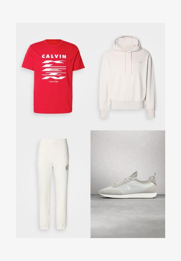 Sudadera de crema clara con cordón y bolsillo tipo canguro; cuenta con puños y dobladillo acanalados, y un pequeño logo bordado en el pecho.; Camiseta de algodón roja con el texto en blanco "CALVIN KLEIN" en negrita y un diseño de rayas diagonales. Mangas cortas y cuello redondo.; Pantalones de chándal blancos con cinturilla elástica y puños en los tobillos. Presenta un pequeño logo marrón en el muslo izquierdo. Textura de tela suave y lisa.; Zapatilla blanca y beige con cordones y logo "ck" en el lateral, mostrada en el aire contra un fondo borroso de vidrio y concreto modernos.