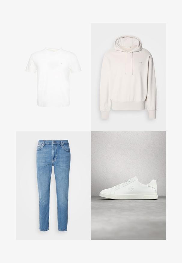 Sudadera de crema clara con cordón y bolsillo tipo canguro; cuenta con puños y dobladillo acanalados, y un pequeño logo bordado en el pecho.; Camiseta blanca de manga corta con cuello redondo y pequeño logo "ck" bordado en el pecho izquierdo.; Vaqueros de mezclilla azul claro con corte recto, diseño de cinco bolsillos y un sutil desgastado. Presentan un cierre de botón y pasadores para cinturón.; Zapatilla deportiva de cuero blanco con acabado suave, diseño con cordones, detalle del logo en el lateral y suela de goma blanca en contraste.