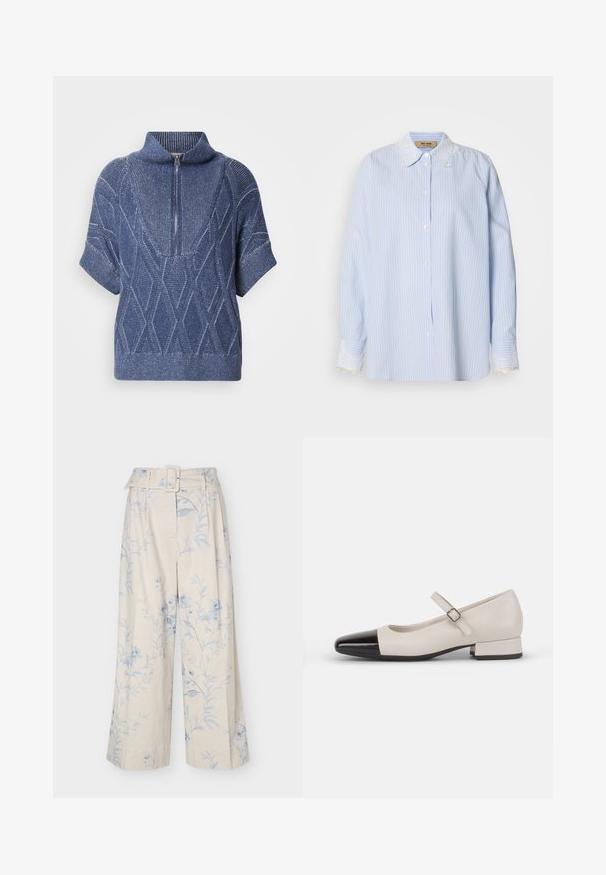 Pull en tricot bleu avec un col haut zippé, des manches courtes et des motifs en losange. Tissu texturé avec des fils clairs contrastants.; Chemise rayée bleu et blanc avec un col et des poignets en dentelle, présentant une fermeture à boutons et des manches longues. Texture douce et lisse.; Pantalon crème à jambes larges avec imprimé floral bleu clair et ceinture en tissu assortie avec boucle rectangulaire.; Chaussure de style Mary Jane en cuir crème avec un bout en vernis noir. Présente un bout rond, une sangle de cheville avec une boucle carrée et un petit talon carré.