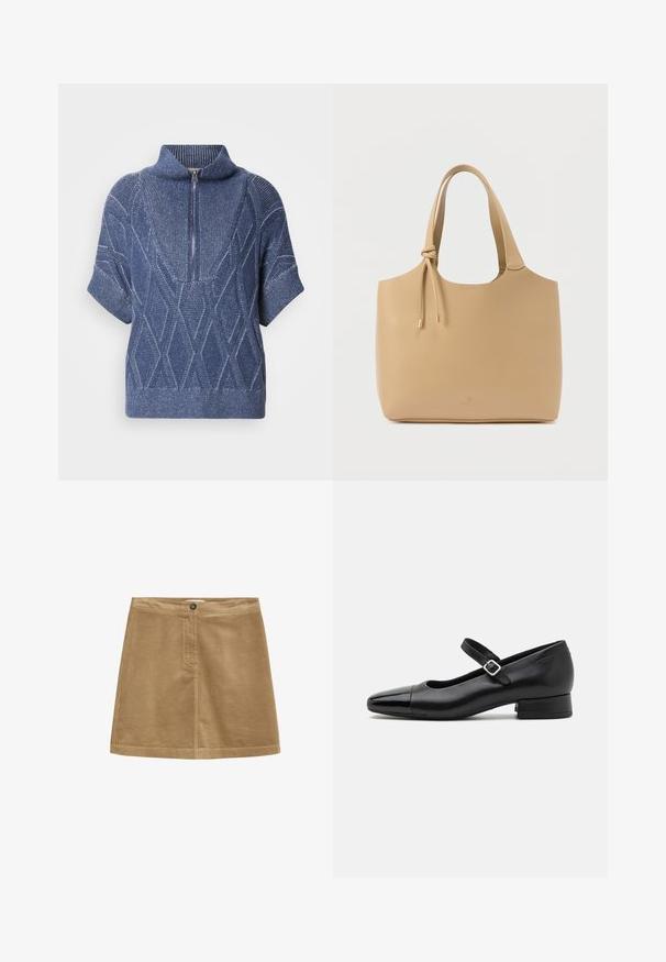 Blauwe gebreide trui met een gesloten hoge kraag, korte mouwen en ruitpatronen. Getextureerde stof met contrasterende lichte garens.; Bruine corduroy mini-rok met een knoopsluiting, met een verticale ribbelstructuur en een eenvoudig ontwerp. De zoom is recht en netjes afgewerkt.; Zwarte leren Mary Jane schoenen met een gepatenteerde neus, verstelbare enkelband en lage blokhak. Een gladde textuur en een elegante uitstraling.; Beige draagtas gemaakt van glad leer, met twee stevige handvatten en gouden sierdelen, voorzien van een verstelbaar trekkoord detail.