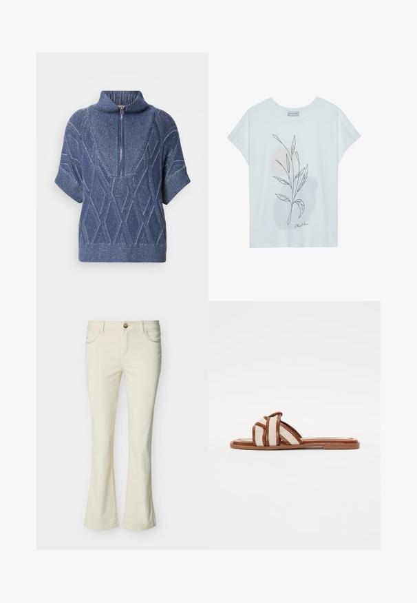 Blå strikket sweater med lynlås i høj krave, korte ærmer og diamantmønstre. Struktureret stof med kontrasterende lyse tråde.; Hvid kortærmet T-shirt med en bladoverlinje-design i sort og bløde beige abstrakte former. "Plant love" tekst i bunden.; Cremefarvede kvinde bootcut-jeans med knap foran, lynlås og forlommer på hvid baggrund.; Brune flade sandaler med brede vævede stofremme, der har en glat syntetisk sål og et minimalistisk design.