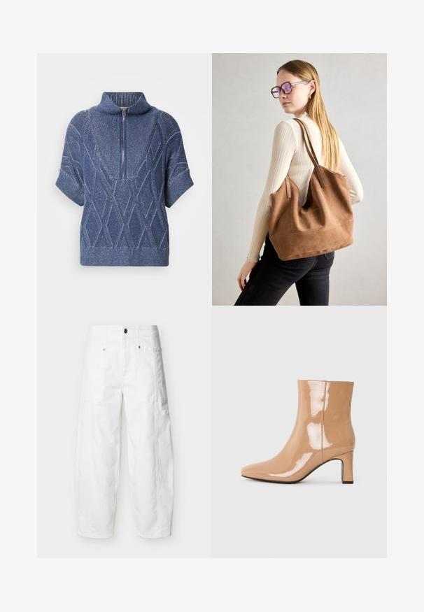 Pull en tricot bleu avec un col haut zippé, des manches courtes et des motifs en losange. Tissu texturé avec des fils clairs contrastants.; Pantalon blanc à jambes larges avec poches plaquées à l'avant, fermeture à boutons et détails de coutures visibles, présenté sur un fond uni.; Bottes à talon nu patent avec un bout pointu, une finition brillante et un talon bloc de hauteur intermédiaire. Texture lisse et silhouette élégante.; Sac fourre-tout en daim marron avec une texture douce, grande ouverture et longues sangles. Présente un design simple avec des coutures visibles et sans matériel.