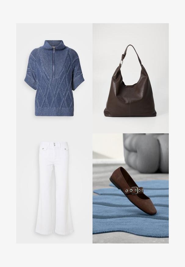 Blå strikket sweater med lynlås i høj krave, korte ærmer og diamantmønstre. Struktureret stof med kontrasterende lyse tråde.; Hvide udsvingende jeans lavet af denim, med høj talje, to forlommer og sølvknapdetaljer på en ensfarvet baggrund.; Brun ruskind flad sko med spænde-rem, der hviler på tekstureret blåt tæppe med gråt polstret møbel i baggrunden.; Zign LEATHER - Shopping bags - chocolate brown
