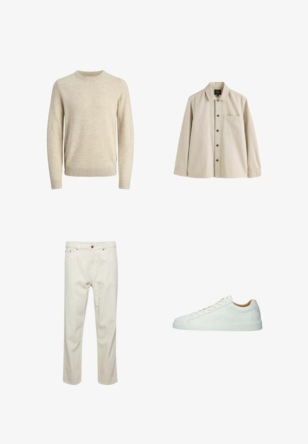 Suéter de punto beige hecho de material suave, con un cuello redondo acanalado, mangas largas y puños y dobladillo acanalados.; Camisa beige de manga larga con botones, cuello y un bolsillo en el pecho, hecha de una tela resistente.; Pantalones de algodón beige con corte recto, cinco bolsillos, cierre de botón y detalles de costura sutiles. Textura uniforme sin patrones visibles.; Zapatilla blanca de piel de corte bajo con cordones blancos, costuras sutiles y suela plana de goma, mostrada de lado sobre un fondo blanco.