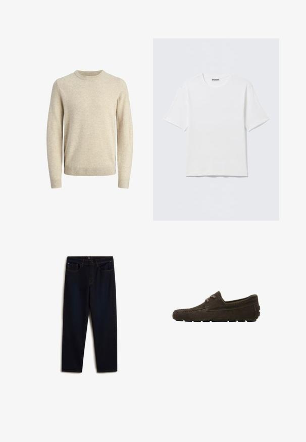 Beige gebreide trui van zacht materiaal, met een geribde ronde hals, lange mouwen en geribde manchetten en zoom.; Effen witte T-shirt met korte mouwen en ronde hals, met een klein "WEEKDAY" label aan de binnenkant van de achterkraag, weergegeven op een vlakke ondergrond.; Vans Relaxed fit jeans - dark blue; Bruine suède herenslof met mocassinnaaien, veterdetail bovenop en rubberen zool met gripvlakken.