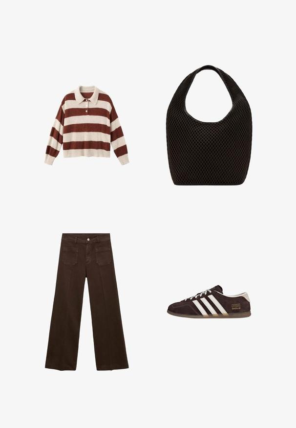 Pull en tricot avec un col cranté et des rayures horizontales crème et rouille. Texture douce avec une coupe courte décontractée et une patte de boutonnage.; Jeans larges marron en denim, avec une taille haute, deux poches arrière et une fermeture à bouton à l'avant. Texture lisse, forme droite.; Baskets en suède marron avec trois bandes blanches, semelle en caoutchouc, et étiquette avec le texte "Gazelle" en or. Fermeture à lacets avec lacets gris.; Sac cabas noir en maille à tissage ouvert avec poignée supérieure arrondie et corps large et incurvé.