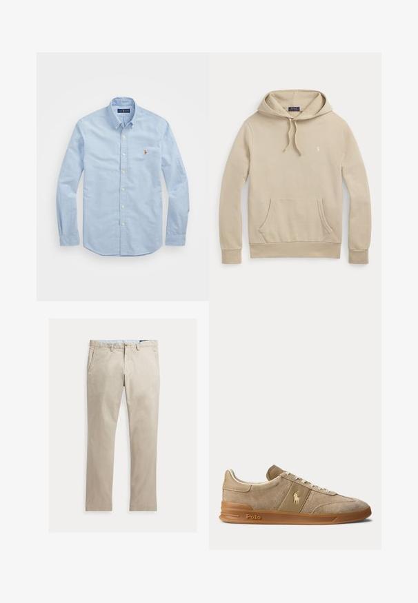 Beige hooded sweatshirt met frontzak, trekkoord in de capuchon, geribde boorden en klein geborduurd logo op de borst.; Lichtblauwe overhemd met lange mouwen, gemaakt van katoen, met een klassieke kraag en een klein rood geborduurd logo op de borst.; Beige katoenen broek met rechte pijpen, voorzakken, riemlussen, knoopsluiting en ritssluiting, plat liggend op een witte achtergrond.; Beige suède en leren lage sneaker met gumzool, witte veters en Polo-logo op de zijkant en zool.