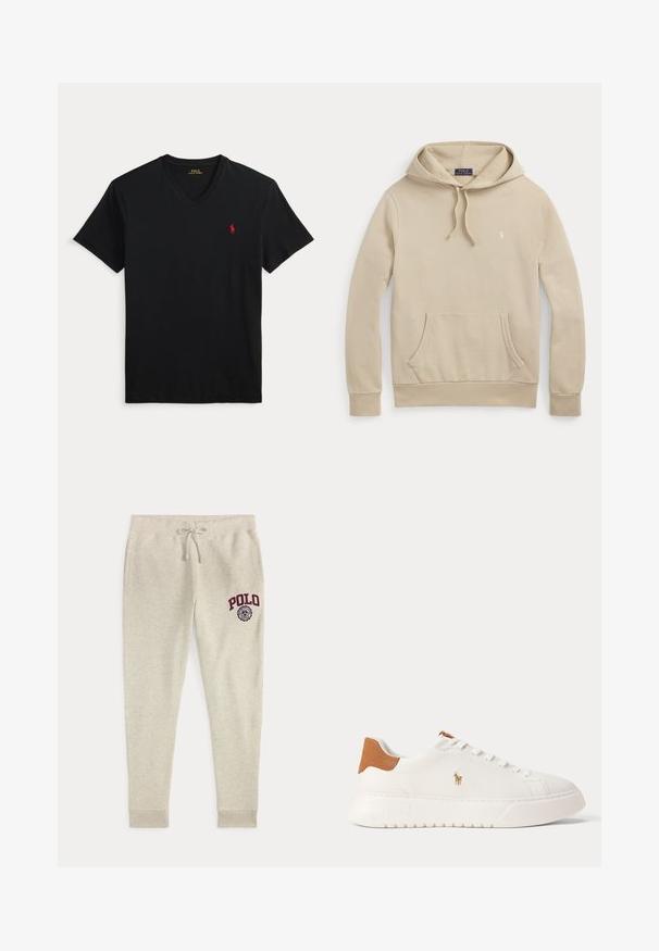 Beige hooded sweatshirt met frontzak, trekkoord in de capuchon, geribde boorden en klein geborduurd logo op de borst.; Zwarte V-hals T-shirt met korte mouwen en een klein rood Polo Ralph Lauren-logo op de linkerborst.; Beige joggingbroek met trekkoord, zijzakken en rood "POLO"-logo en embleem op de bovenste linker dij.; Witte lage sneaker met beige hieltab, witte veters en klein geborduurd polo spelerlogo aan de zijkant boven een dikke zool.