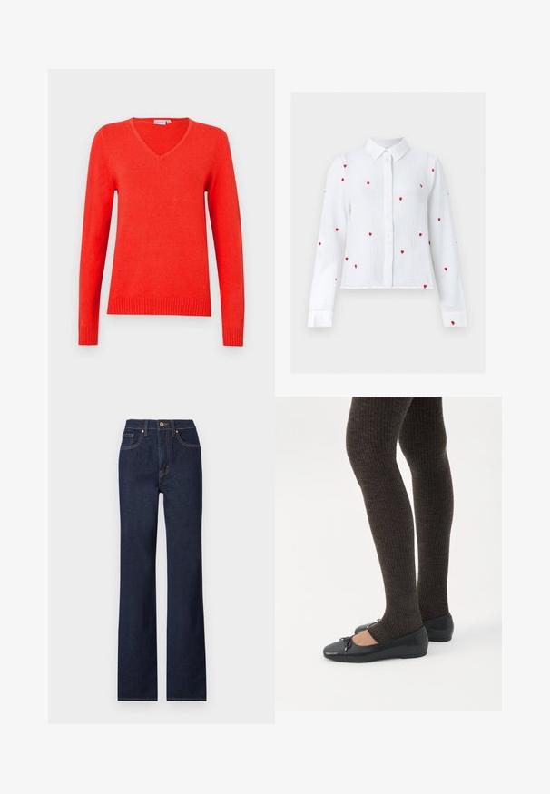 Rode v-hals trui met lange mouwen, geribbelde manchetten en zoom, gemaakt van zacht materiaal, met een klassieke gebreide structuur en strakke lijnen.; Witte blouse met lange mouwen en knopen, met rode geborduurde hartpatronen en een puntige kraag, weergegeven tegen een neutrale achtergrond.; Donkerblauwe denim jeans met een rechte pijp, voorzien van een knoopsluiting aan de voorkant, vijf zakken en contrasterende stikdetails.; Benen met donkere geribbelde leggings gecombineerd met zwarte ballerina's met kleine strikdetails op een witte achtergrond.