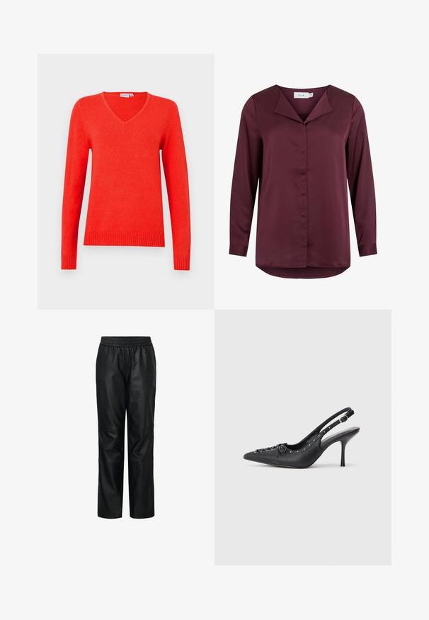 Rød v-hals sweater med lange ærmer, ribbede manchetter og kant, lavet af blødt materiale, med klassisk strikket tekstur og rene linjer.; Langærmet mørkerød bluse med foldet krave og skjult knappelukning foran, lavet af glat stof.; Sorte læderbukser med elastisk talje, struktureret design, brede ben, glat tekstur samt synlige sømme og paneldetaljer.; Sorte læder slingback stiletto med spids tå, side spændebånd, nitter langs kanten og dekorativ snøring foran.