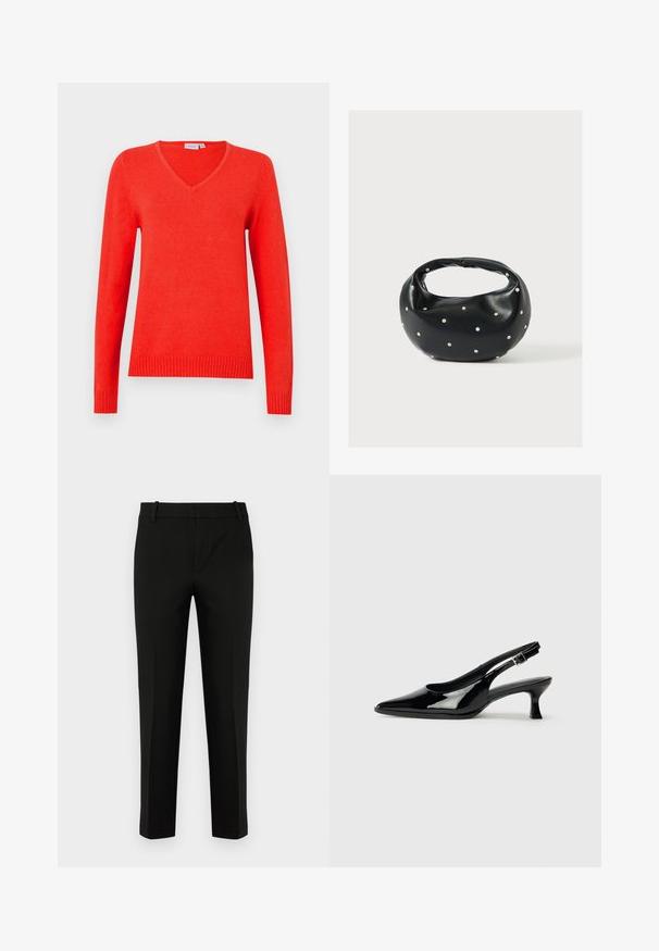 Roter V-Ausschnitt-Pullover mit langen Ärmeln, gerippten Bündchen und Saum, aus weichem Material, mit klassischer Strickstruktur und klaren Linien.; Schwarze Hose in Slim-Fit, mit flacher Vorderseite, seitlichen Taschen und glatter Textur. Entworfen mit einer mittelhohen Taille und zulaufenden Beinen.; Schwarze Lackleder Slingback-Schuhe mit spitzem Zehenbereich und niedrigem Blockabsatz. Verstellbarer Riemen mit Schnalle am Knöchel.; Schwarze Lederhandtasche mit abgerundeter Form, verziert mit silbernen Nietenakzenten und kurzem Griff. Glatte Struktur und Reißverschlussverschluss.
