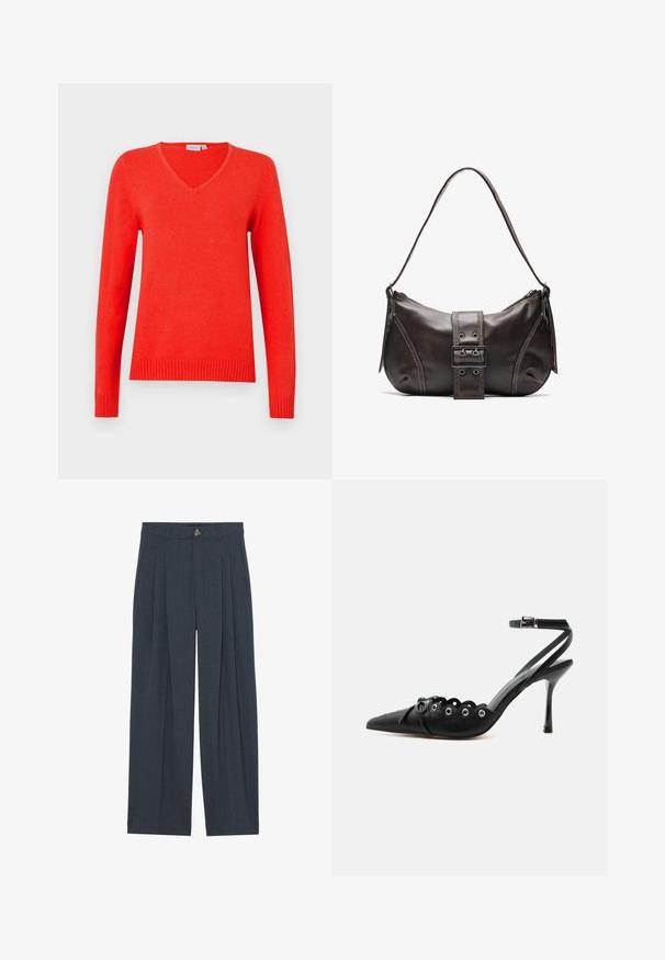 Pull rouge à col en V avec manches longues, poignets et ourlet côtelés, confectionné en matériau doux, présentant une texture en maille classique et des lignes épurées.; Pantalons larges en tissu texturé gris foncé, avec des plis avant, une fermeture à bouton et des poches latérales pour plus de fonctionnalité.; Chaussure à talon haut noire à bout pointu, bords festonnés, œillets métalliques, lacets à l'avant et bride de cheville avec fermeture à boucle.; Sac à épaule en cuir marron avec une forme courbée, présentant un détail de boucle proéminent, des coutures contrastantes et une seule bandoulière.