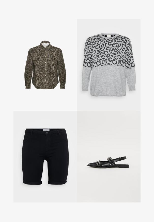 Pull gris avec un motif léopard noir sur le haut, encolure et poignets côtelés, texture douce et coupe ample.; Chemise à boutons dans un motif zèbre beige et noir, avec un col structuré, des manches longues et des boutons avant bien en évidence.; Shorts en denim noir avec ourlets roulés, dotés d'une fermeture à bouton à l'avant, de passants de ceinture et de deux poches avant. Texture lisse, design ajusté.; Even&Odd Ballerines à brides arrière - black