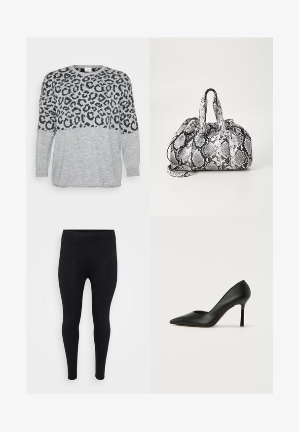 Suéter gris con diseño de estampado de leopardo negro en la parte superior, cuello y puños acanalados, textura suave y corte holgado.; Leggings negros con una textura suave, cintura alta y una forma ajustada. Presentan detalles sutiles en los laterales a lo largo de las costuras.; Bailarina negra de cuero con tacón alto, puntera afilada y un esbelto tacón de aguja. La parte superior presenta una textura suave y sin adornos.; Bolso de mano con patrón de piel de serpiente en blanco y negro, con dos asas, un cierre de cordón y una correa para el hombro desmontable. Textura suave.