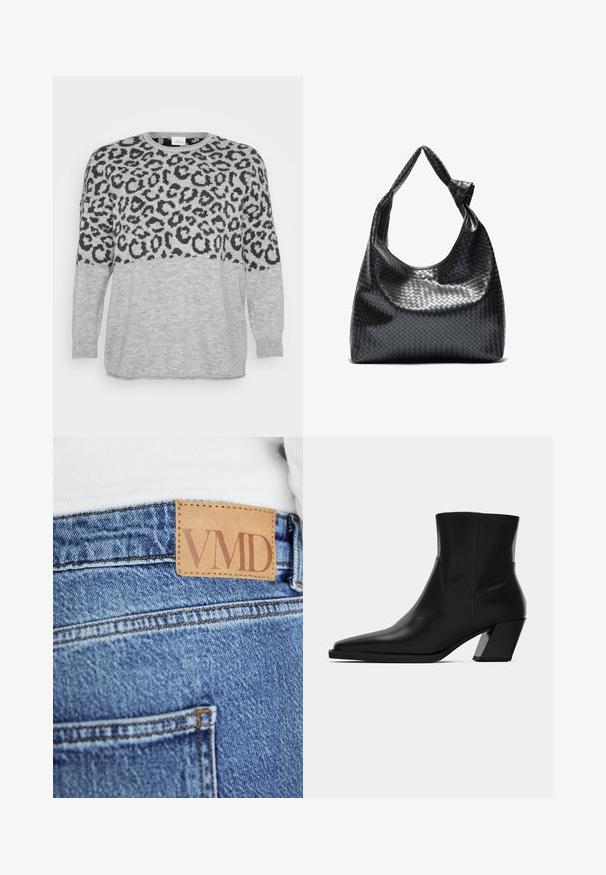 Pull gris avec un motif léopard noir sur le haut, encolure et poignets côtelés, texture douce et coupe ample.; Gros plan sur un jean en denim bleu avec une étiquette en cuir marron cousue sur la ceinture affichant le texte "VMD".; Bottine en cuir noir avec un bout pointu, une silhouette élégante et un talon carré massif. Texture lisse avec des détails de couture minimalistes.; Sac à main en cuir tissé noir au design décontracté, avec une sangle nouée et une petite clou doré décoratif en haut.