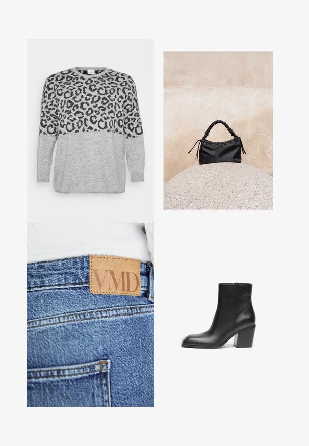 Grå sweater med sort leopardprintdesign over den øverste del, ribbet halsudskæring og manchetter, blød tekstur og løst fit.; Nærbillede af blå denimjeans med brun læderetiket syet på linningen med teksten "VMD".; Sort læder ankelstøvle med firkantet tå og kraftig blokhæl. Glat tekstur og minimalistisk design. Sidelukning for nem påklædning.; Sort håndtaske med rynkede detaljer og et samlet håndtag, hvilende på en tekstureret stensfære mod en beige betonvæg.