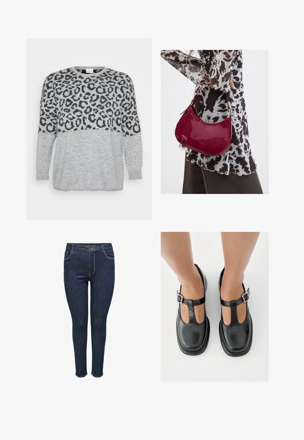 Grå sweater med sort leopardprintdesign over den øverste del, ribbet halsudskæring og manchetter, blød tekstur og løst fit.; Mørkeblå denim skinny jeans med fem-lomme design, der har en knaplukning og sømadresser på sømmene. Glat tekstur, tætsiddende stil.; Sorte lædersko med T-rem-design, lukket tå og sølvfarvede spændeaccenter. Glat tekstur med rundet tå og flad sål.; Kvinde iført en sort- og hvidmønstret bluse, der holder en blank rød skuldertaske mod en ensfarvet baggrund.