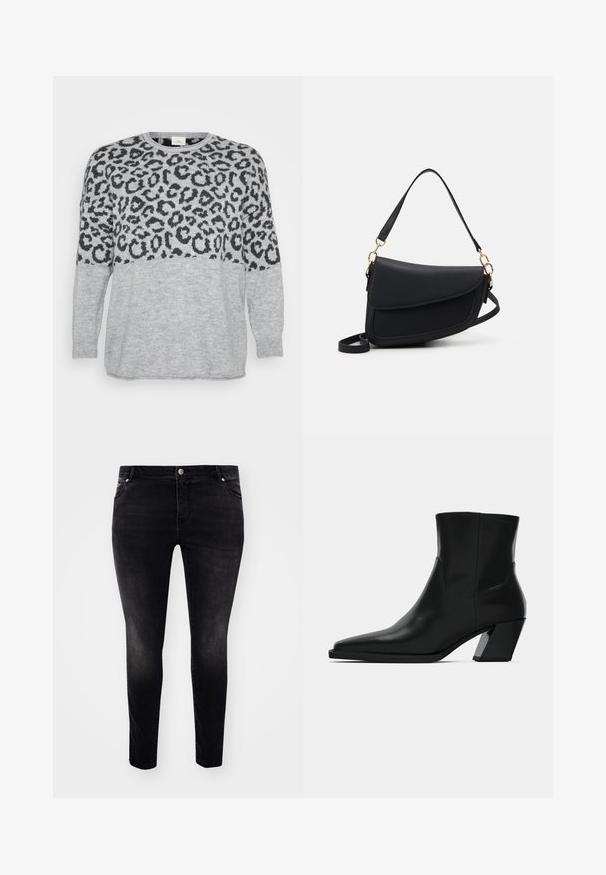 Grå sweater med sort leopardprintdesign over den øverste del, ribbet halsudskæring og manchetter, blød tekstur og løst fit.; Sorte denim jeans med slim fit, fem-lommers design, knaplukning og let slid for tekstur. Minimalistisk stil, ingen synlige mønstre.; Sortlæder ankelstøvle med spids tå, en slank silhuet og en kraftig firkantet hæl. Glat tekstur med minimale stikninger.; Sort læderhåndtaske med en struktureret overflade, der har en enkelt skulderrem og guld hardware-detaljer. Designet er slankt og minimalistisk.