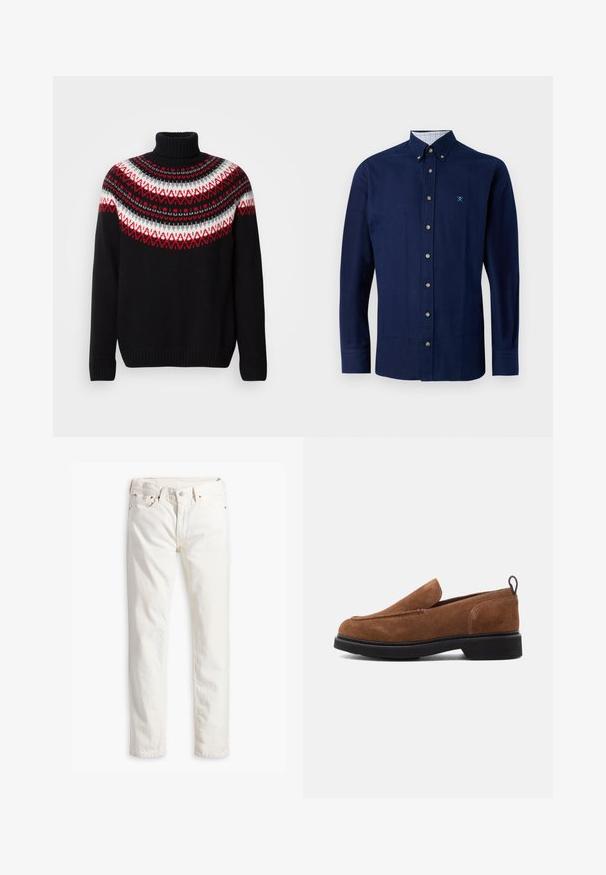 Schwarzer Rollkragenpullover mit rot, weiß und grau hervorgehobenem nordischen Muster an Schultern und Brust, mit gerippten Bündchen und Saum.; Navyblaue Baumwollbluse mit Button-Down-Kragen, braunen Knöpfen und einem karierten Muster innen am Kragen. Verfügt über ein dezentes besticktes Logo.; Weiße Jeans im geraden Schnitt, fünf Taschen, Kupferknopf und Nieten sowie einem dezent strukturierten Stoff. Keine sichtbaren Muster.; Braune Wildleder-Slipper mit runder Zehenpartie, schwarzer Gummisohle und einem kleinen Absatz. Verfügt über eine dekorative Naht auf dem Obermaterial.
