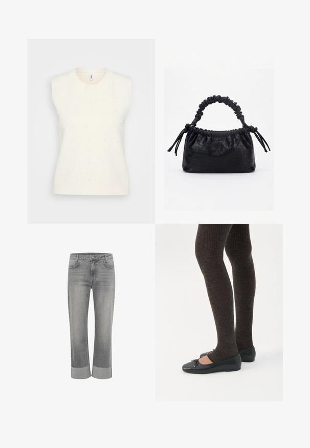 Cremefarvet ærmeløs sweater med små spredte perleudsmykninger og ribbet halsudskæring og bund, sat mod en lys baggrund.; Grå denim jeans med lige ben, med foldet kant. Klassisk fem-lommestil og lukning med knap foran.; Ben iført mørke ribbede leggings kombineret med sorte balletsko med små sløjfedetaljer på hvid baggrund.; Sort taske med krokodilletekstur, rynket øverste kant, samlet hank og snore med kvaster på hver side mod en hvid baggrund.