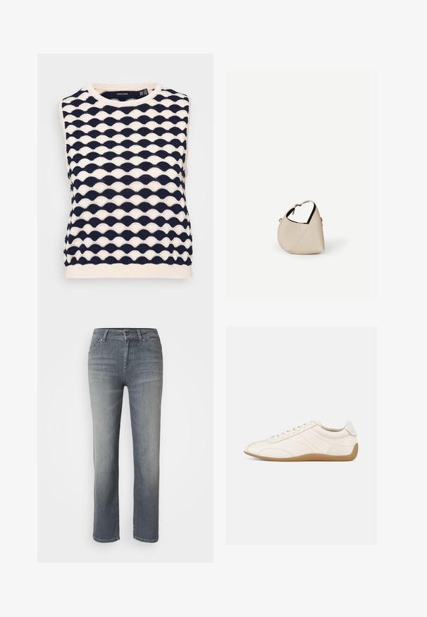 Pull-over sans manches en tricot bleu marine et crème avec un motif ondulé texturé. Encolure ronde et ourlet côtelé. Fabriqué en tissu tricoté doux.; Jeans en denim gris avec une coupe droite, un design à cinq poches, fermeture à bouton et à zip, et une finition légèrement délavée.; Baskets en cuir blanc à texture lisse, bout arrondi et coutures ton sur ton. Elles comportent une semelle en caoutchouc beige et une fermeture à lacets.; Sac à main en cuir beige en forme de croissant avec une seule bandoulière et des coutures minimalistes, posé sur un fond blanc uni.