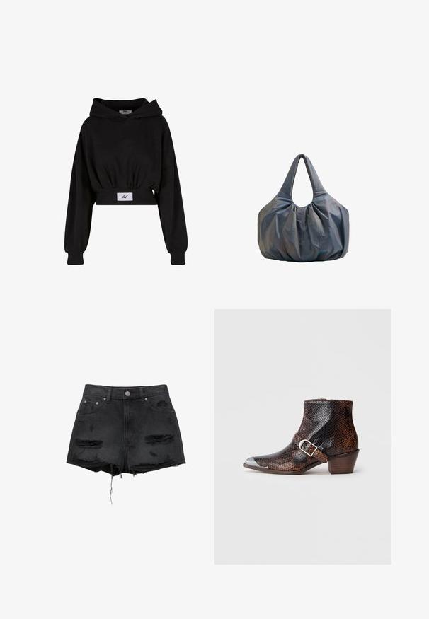Sort crop hoodie lavet af blødt bomuldsstof. Har en hætte med snøre, lange ærmer og et syet mærke ved livet.; Sorte denimshorts med frynset kant, slidte lapper, lukning med frontknap og design med fem lommer. Klassisk høj talje.; Sorte og brune ankelstøvler med slangemønster, med en sølvfarvet tåhætte, spændeaccents og en lav træhælt. Glat tekstur, tætsiddende design.; Blød, mørkegrå stofhåndtaske med folder og et enkelt bredt håndtag, der danner en løkke til at bære i.