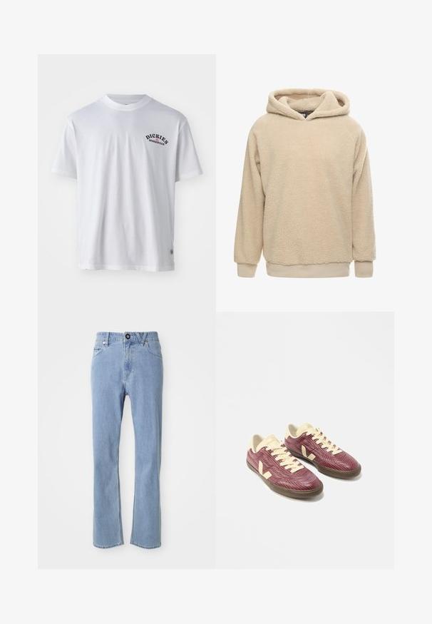 Beige fleece-huppari, jossa on teksturoitu pinta, iso huppu ja ribattut hihansuut sekä helma. Ominaisuuksiin kuuluu rento istuvuus ja pitkät hihat.; Valkoinen puuvillapaita lyhyillä hihoilla, pyöreällä kaula-aukolla, jossa on musta painettu logo, joka lukee "DICKIES WORKWEAR" vasemmassa rinnassa.; Vaaleansiniset farkut, suoranlahkeiset, viiden taskun tyyli, yksittäinen nappisulku ja hienovarainen kulumistrendi.; Pari matalavartisia lenkkareita viininpunaisesta teksturoidusta kankaasta, joissa on kermaan vivahtavat nauhat, kantapää ja logo sekä tummat kumipohjat, valkoisella taustalla.