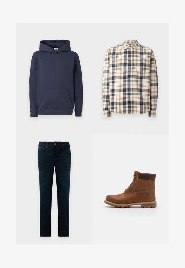 Dunkelblaues Kapuzensweatshirt aus Baumwollmischung, mit einer vorderen Kängurutasche sowie gerippten Bündchen und Saum. Glatte Textur.; Karierte Button-Down-Hemd in Creme, Marineblau und Braun. Baumwollstoff, lange Ärmel, spitzer Kragen und Holzknöpfe entlang der Vorderseite.; Dunkelblaue Slim-Fit-Jeans mit vorderem Knopf, Reißverschluss, Gürtelschlaufen und fünf Taschen, flach auf einem weißen Hintergrund ausgelegt.; Braune Lederwanderschuhe mit glatter Oberfläche, gepolstertem Knöchel, Metallösen und einer Gummisohle mit robustem Profil.