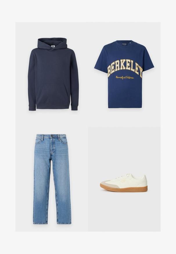 Mørkeblå hættetrøje lavet af bomuldsblanding, med en front-kangaroo lomme og ribbede manchetter og kant. Glat tekstur.; Marineblå bomulds-T-shirt med "BERKELEY" i fed gul skrift og "University of California" i mindre skrift nedenfor.; Lyseblå denimjeans med lige ben, der har en knap- og lynlås lukning, fem lomme-stil og subtilt slid.; Sneaker lavet af hvid læder med en beige tåhætte og let brunt gummisål. Har flade hvide snørebånd og prægede branding på siden.