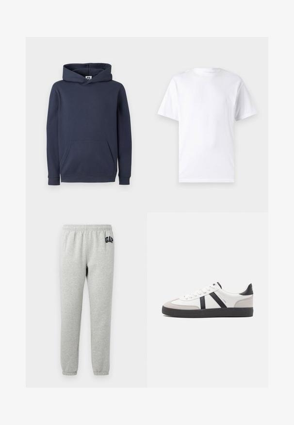 Dunkelblaues Kapuzensweatshirt aus Baumwollmischung, mit einer vorderen Kängurutasche sowie gerippten Bündchen und Saum. Glatte Textur.; Weißes kurzärmeliges T-Shirt aus Baumwolle mit Rundhalsausschnitt, das eine glatte Textur und ein einfaches Design ohne Muster oder Akzente aufweist.; Graue Jogginghose mit elastischem Bund, abgeklebten Knöcheln und einem dunkelblauen "GAP"-Logo auf dem linken Oberschenkel. Weicher Baumwollmischstoff.; Weiße Sneaker mit schwarz- und grau-aczenten, ausgestattet mit einer strukturierten grauen Zehenkappe, schwarzer Gummi-Sohle und flachen weißen Schnürsenkeln. Sauberes Design, minimalistische Stil.
