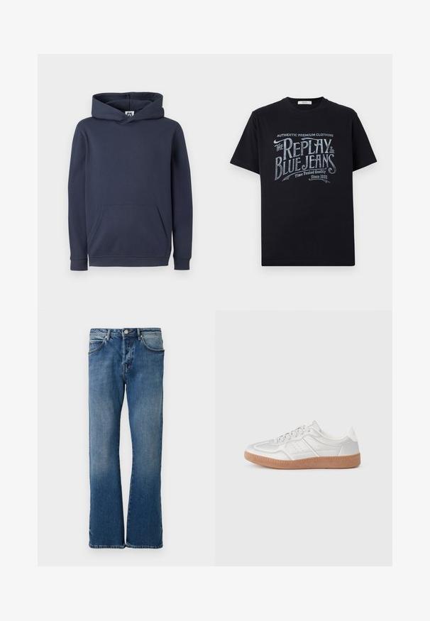 Dunkelblaues Kapuzensweatshirt aus Baumwollmischung, mit einer vorderen Kängurutasche sowie gerippten Bündchen und Saum. Glatte Textur.; Schwarzes Baumwoll-T-Shirt mit kurzen Ärmeln und rundem Halsausschnitt, mit einem grafischen Textdesign im Vintage-Stil in Weiß und hellblau auf der Vorderseite.; Helle blaue Jeans aus Denim mit geradem Bein, ausgestattet mit fünf Taschen, einem Knopfverschluss und subtilen Ausbleichungen auf dem Stoff.; Silberne Sneakers mit glatter Textur, Schnürdesign, durchbrochenen Akzenten und einer strukturierten braunen Gummisohle.