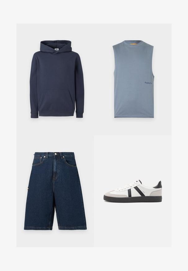 Mørkeblå hættetrøje lavet af bomuldsblanding, med en front-kangaroo lomme og ribbede manchetter og kant. Glat tekstur.; Ærmeløs lyseblå tanktop med rund halsudskæring, minimal syning og lille mørkeblåt tekstlogo på venstre side nær kanten.; Mørkeblå denimshorts i løs pasform med to frontlommer og en enkelt baglomme, afsluttet med orange syninger.; Hvide sneakers med sorte og grå detaljer, med en tekstureret grå tåhætte, sort gummisål og flade hvide snørebånd. Rent design, minimalistisk stil.
