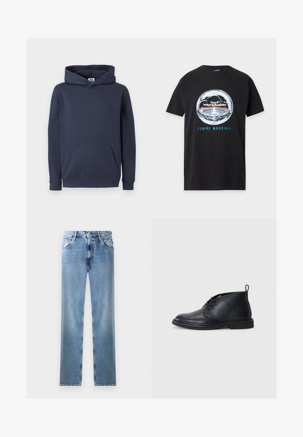 Dunkelblaues Kapuzensweatshirt aus Baumwollmischung, mit einer vorderen Kängurutasche sowie gerippten Bündchen und Saum. Glatte Textur.; Schwarzes kurzärmeliges T-Shirt mit großem reflektierendem Fußballmotiv, dem Schriftzug „huf worldwide“ und blauem „EQUIPE MONDIALE“ unter dem Ball.; Helle blaue Denim-Jeans mit geradem Bein, Taschen, Kupferriegeln und Knopfverschluss. Sie zeichnen sich durch ein verblasstes Design und einen sauberen Saum aus.; Schwarze Leder-Stiefelette mit Schnürung an der Vorderseite, abgerundeter Spitze und Zugschlaufe hinten auf einer flachen Gummisohle.