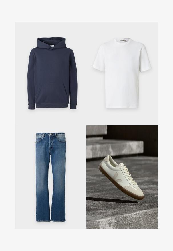 Navy blauwe hoodie gemaakt van een katoenmengsel, voorzien van een voorkant kangaroo zak en ribgebreide manchetten en zoom. Glad van textuur.; Wit T-shirt met korte mouwen, wafelstructuur en ronde hals, met een klein merkembleem aan de binnenkant van de kraag, afgebeeld op een effen achtergrond.; Lichtblauwe denim jeans met een rechte pijpontwerp, voorzien van vijf zakken, een knoopsluiting en subtiele vervagingen op de stof.; Witte leren sneakers met een bruine rubberen zool, platte veters en een V-vormig accent aan de zijkant. Ze hebben een glad oppervlak en minimale stikdetails.