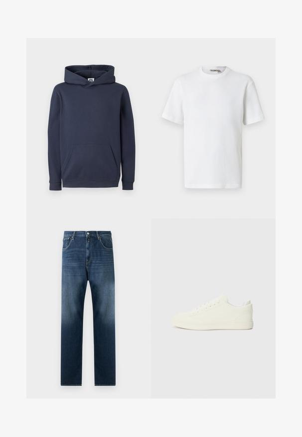 Dunkelblaues Kapuzensweatshirt aus Baumwollmischung, mit einer vorderen Kängurutasche sowie gerippten Bündchen und Saum. Glatte Textur.; Weißes, kurzärmeliges T-Shirt mit Waffelstrick und Rundhalsausschnitt, mit kleinem Markenetikett im Kragen, auf einfarbigem Hintergrund präsentiert.; Dunkelblaue Denim-Jeans mit geradem Bein-Design. Zu den Merkmalen gehören Fronttaschen, ein Reißverschluss und ein subtiler Verblassen in Richtung Saum.; Weiße Sneaker mit einer glatten Oberflächenstruktur, runder Zehenpartie und traditioneller Schnürung, im minimalistischen Design und mit Gummisohle.