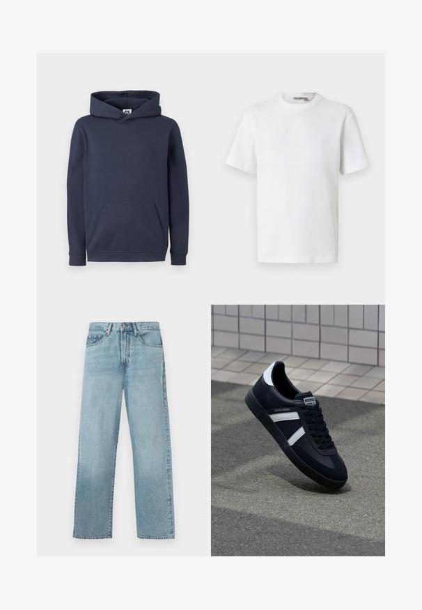 Mørkeblå hættetrøje lavet af bomuldsblanding, med en front-kangaroo lomme og ribbede manchetter og kant. Glat tekstur.; Hvid kortærmet t-shirt i vaffelmønster med rund hals og et lille mærke med brandnavn inde i kraven, vist på en ensfarvet baggrund.; Lyseblå denimjeans med lige ben, fem lomme-design og knaplukning i taljen.; Sort lædersneaker med hvide striber, tekstureret gummisål og snørrebånd foran. Har et brandet mærke på tungen.