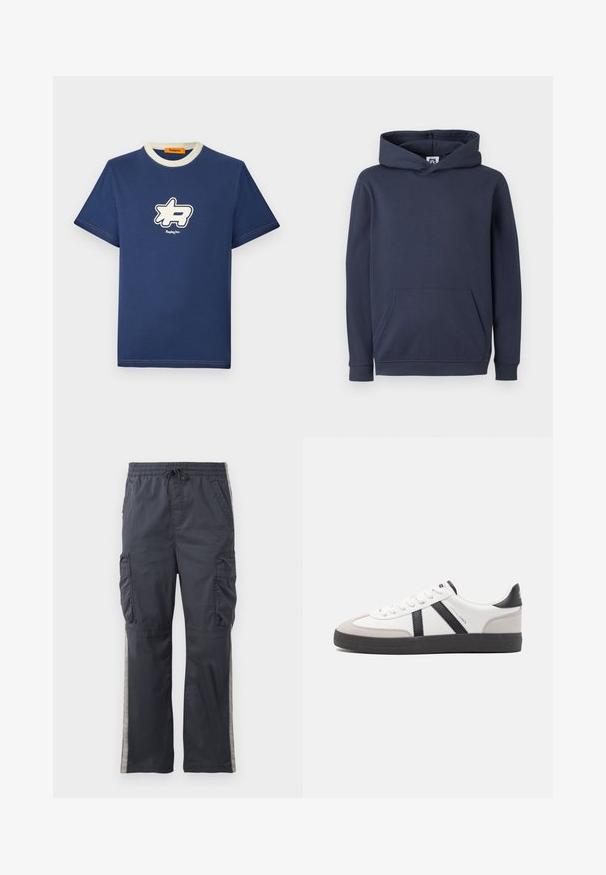 Dunkelblaues Kapuzensweatshirt aus Baumwollmischung, mit einer vorderen Kängurutasche sowie gerippten Bündchen und Saum. Glatte Textur.; Marineblaue Baumwoll-T-Shirt mit einem kontrastierenden cremefarbenen Kragen, das ein großes weißes Logo-Design auf der Brust und den Markennamen darunter zeigt.; Dunkelgraue Cargo-Hosen mit elastischem Bund, Kordelzug und Seitentaschen. Verfügt über hellgraue Seitestreifen und eine lockere Passform.; Weiße Sneaker mit schwarz- und grau-aczenten, ausgestattet mit einer strukturierten grauen Zehenkappe, schwarzer Gummi-Sohle und flachen weißen Schnürsenkeln. Sauberes Design, minimalistische Stil.