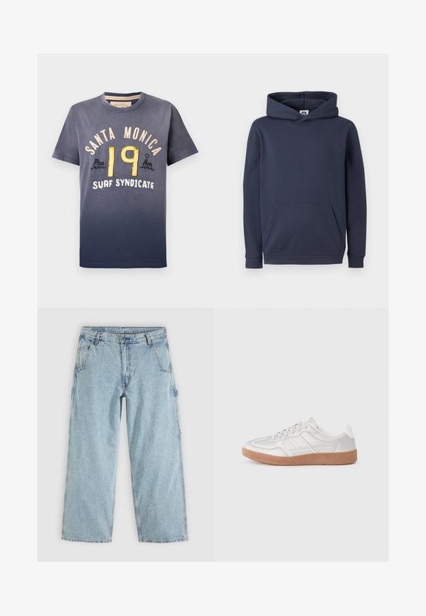 Dunkelblaues Kapuzensweatshirt aus Baumwollmischung, mit einer vorderen Kängurutasche sowie gerippten Bündchen und Saum. Glatte Textur.; Dunkelblaues Baumwoll-T-Shirt mit Verlaufseffekt, bedruckt mit "SANTA MONICA" und "19" in gelber und cremefarbener Stickerei, Rundhalsausschnitt, kurze Ärmel.; Hellblaue Jeans mit geradem Bein, Vordertaschen, Gürtelschlaufen, Knopfverschluss und einer seitlichen Werkzeugschlaufe.; Silberne Sneakers mit glatter Textur, Schnürdesign, durchbrochenen Akzenten und einer strukturierten braunen Gummisohle.