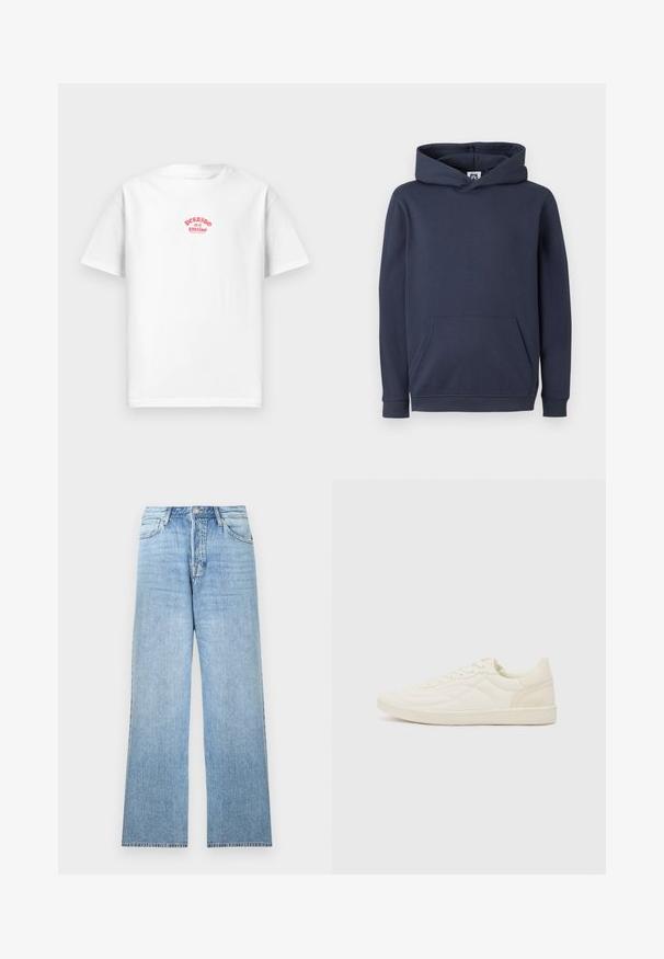 Dunkelblaues Kapuzensweatshirt aus Baumwollmischung, mit einer vorderen Kängurutasche sowie gerippten Bündchen und Saum. Glatte Textur.; Weißes Baumwoll-T-Shirt mit rotem Druckdesign, das "Perdido en el paraíso" über die Brust liest, mit kurzen Ärmeln und lockerer Passform.; Hellblaue Jeans aus Denim mit geradem Bein, Verschluss mit oberem Knopf, fünf Taschen und ausgefransten Säumen.; ALDO THEPITCH - Sneaker low - white