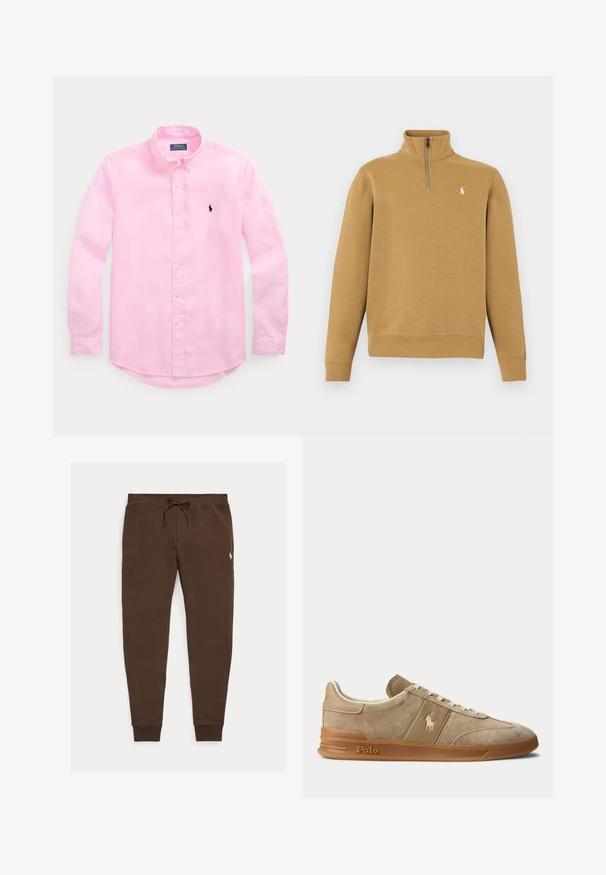 Beige trui met lange mouwen, kwart rits en klein wit Polo Ralph Lauren-logo op de linkerborst.; Lichtroze overhemd met lange mouwen en knopen, een met knopen gesloten kraag en een klein marineblauw geborduurd logo op de linkerborst.; Bruine joggingbroek met trekkoord in de taille en geribde boorden, met een klein wit geborduurd logo op de rechterdij.; Beige suède en leren lage sneaker met gumzool, witte veters en Polo-logo op de zijkant en zool.