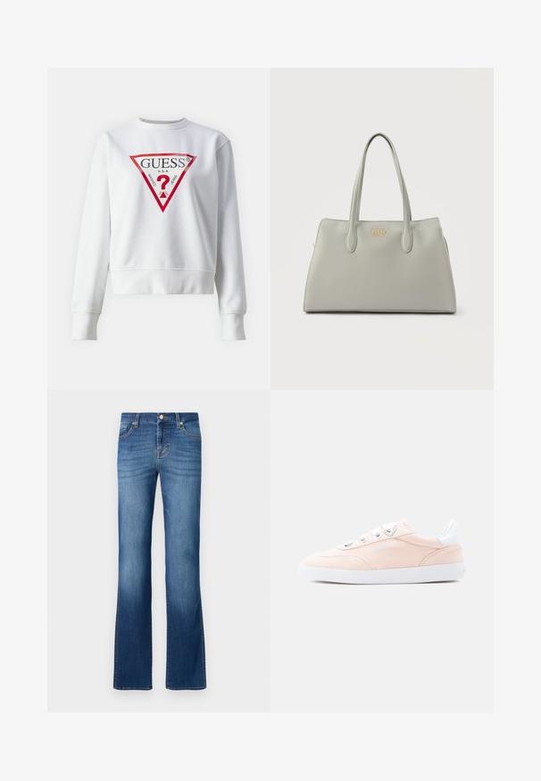 Sweatshirt blanc avec un design court, arborant un audacieux logo triangulaire rouge avec le texte "GUESS U.S.A." et un point d'interrogation au centre.; Jean en denim bleu à pattes d'éléphant avec un design classique à cinq poches, présentant un délavage vieilli, des coutures dorées et une fermeture à bouton à la taille.; Baskets Love Moschino rose clair avec semelle blanche, languette de talon blanche et œillets en métal, vues de profil sur un fond uni.; Sac à main en cuir gris avec deux bandoulières et logo doré « REPLAY » centré à l'avant.