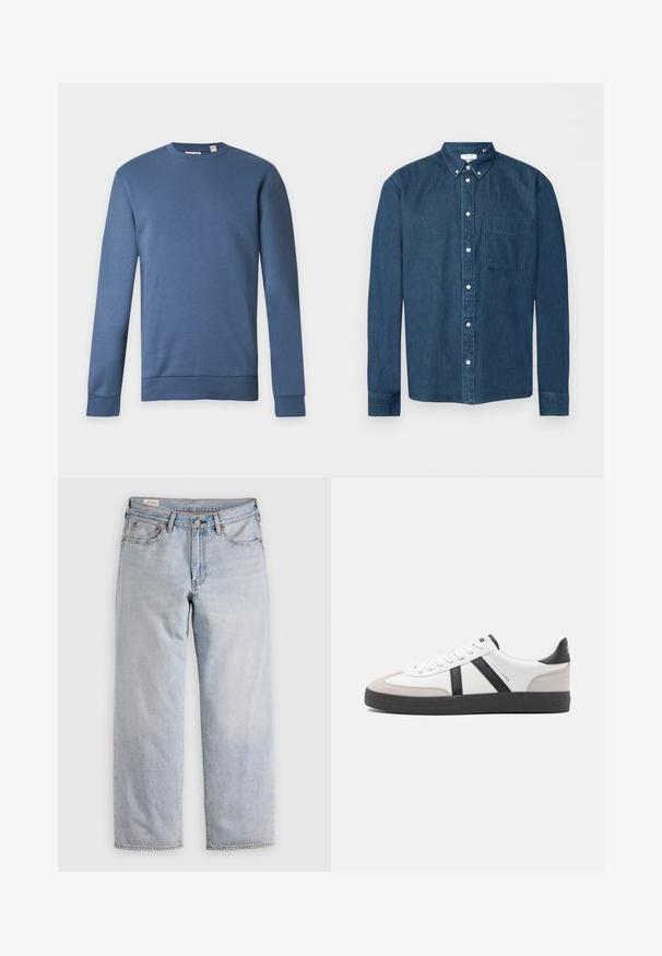 Blaues Sweatshirt mit Rundhalsausschnitt und langen Ärmeln, mit gerippten Bündchen und Saum, dargestellt vor einem schlichten hellen Hintergrund.; Knopfbares dunkelblaues Denim-Hemd mit langen Ärmeln, einer Brusttasche links und einem Button-Down-Kragen, dargestellt vor weißem Hintergrund.; Helle blaue gerade geschnittene Jeans mit hoher Taille, Knopfverschluss sowie Vorder- und Hintertaschen, auf einer flachen Oberfläche präsentiert.; Weiße Sneaker mit schwarz- und grau-aczenten, ausgestattet mit einer strukturierten grauen Zehenkappe, schwarzer Gummi-Sohle und flachen weißen Schnürsenkeln. Sauberes Design, minimalistische Stil.