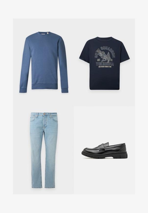 Blaues Sweatshirt mit Rundhalsausschnitt und langen Ärmeln, mit gerippten Bündchen und Saum, dargestellt vor einem schlichten hellen Hintergrund.; Marineblaues Baumwoll-T-Shirt mit kurzen Ärmeln und rundem Ausschnitt, verziert mit einem detaillierten Adler-Motiv und Textdesign in hellen Farben.; Hellblaue Jeans aus Denim mit geradem Schnitt, fünf Taschen und einem Knopfverschluss an der Taille, flach auf einem weißen Hintergrund ausgelegt.; Schwarze Lederloafer mit einem breiten Riemen über dem Rist, Gummisohle mit dicken Profilen und glatter Textur. Klassisches, schlankes Design.