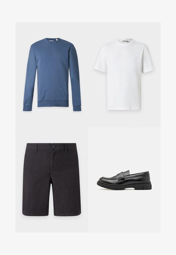 Sweat-shirt bleu à manches longues avec col rond, poignets et ourlet côtelés, présenté sur un fond clair uni.; T-shirt blanc à manches courtes en maille gaufrée avec col rond, petite étiquette de marque à l'intérieur du col, présenté sur un fond uni.; Shorts gris foncé en tissu tissé, dotés d'une fermeture à bouton, de passants de ceinture et d'une coupe droite, avec des ourlets nets et des poches latérales.; Mocassin en cuir noir avec une large sangle sur le devant, semelle en caoutchouc à épaisse rainure, et texture lisse. Design classique et élégant.