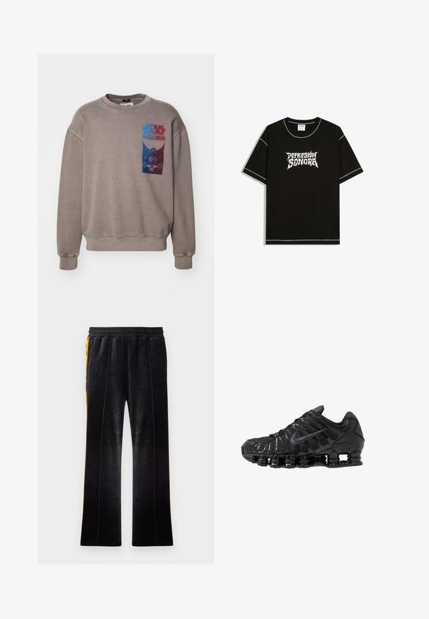 Brun sweatshirt med en crew neckline og lange ærmer. Har et "Star Wars Mandalorian" grafik i blåt og rødt på fronten.; Sort T-shirt med korte ærmer, hvid synlig syning og stiliseret hvid tekst "DEPRESSION SONORA" centreret foran.; Sorte velour træningsbukser med en udvidet form, elastisk talje og gule sidelister. Har lodrette sømme for ekstra detalje.; Sorte atletikskoser lavet af mesh og syntetiske materialer, med et karakteristisk bølget design, sort gummisål og reflekterende detaljer.