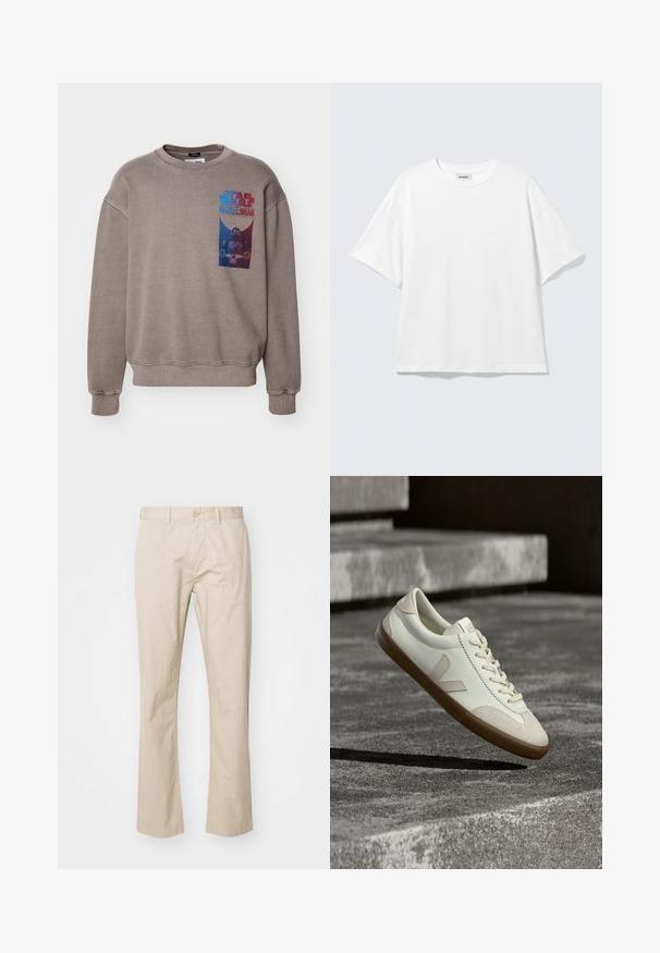 Bruine sweatshirt met een ronde hals en lange mouwen. Heeft een "Star Wars Mandalorian" graphic in blauw en rood op de voorkant.; Witte oversized T-shirt met korte mouwen, ronde hals en verlaagde schouders, plat op een lichtgrijze achtergrond.; Beige katoenen chinos met een recht gesneden ontwerp, met een knoopsluiting en subtiele plooien voor textuur. Glad stof en strakke lijnen.; Witte leren sneakers met een bruine rubberen zool, platte veters en een V-vormig accent aan de zijkant. Ze hebben een glad oppervlak en minimale stikdetails.