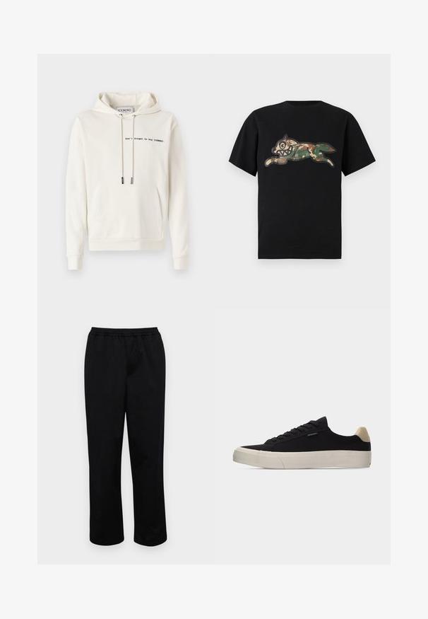 Iceberg Jersey con capucha - vaniglia; Icecream CAMO RUNNING DOG WOODLAND - Camiseta estampada - black; Pantalones negros de longitud media con cintura elástica. Fabricados con una tela suave, presentan un ajuste relajado y no tienen bolsillos visibles ni adornos.; Zapatilla negra de corte bajo con pestaña de talón beige, suela gruesa de goma blanca, cordones negros y pequeña etiqueta "PS Paul Smith" en el lateral.